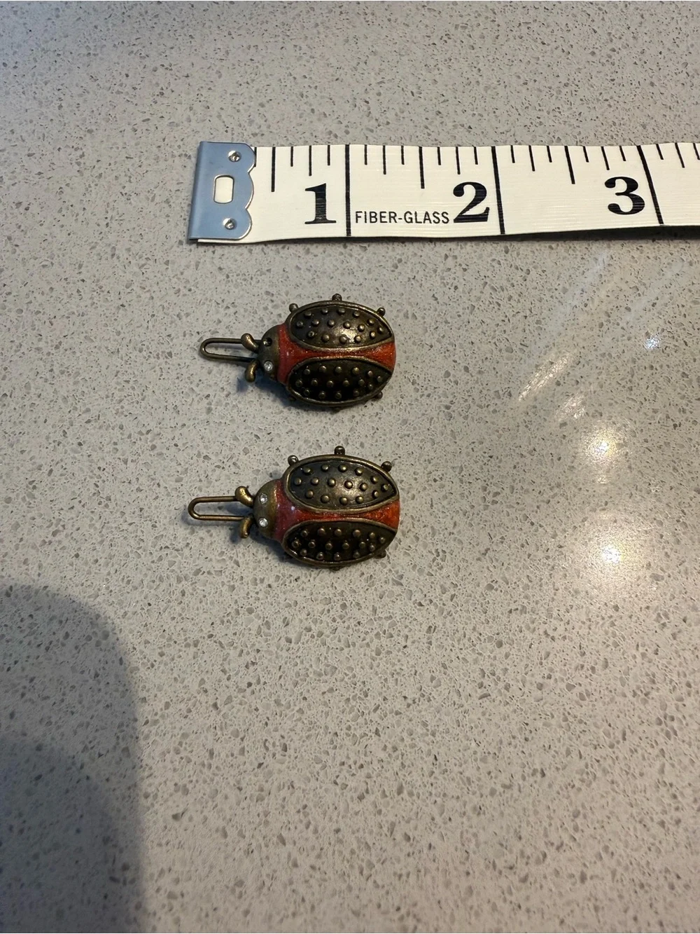 Antique Brass Ladybug Charm Pair with Red Enamel Vintage Barettes